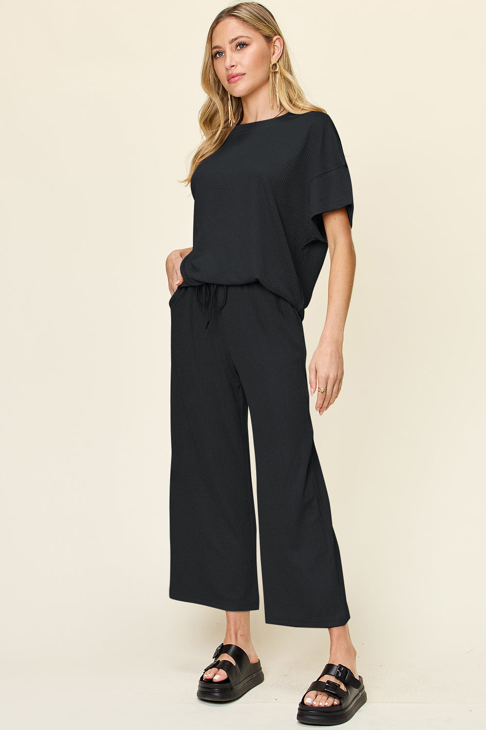 Ribbed Short Sleeve Shirt and Wide Leg Pants Set in in 6 Colors