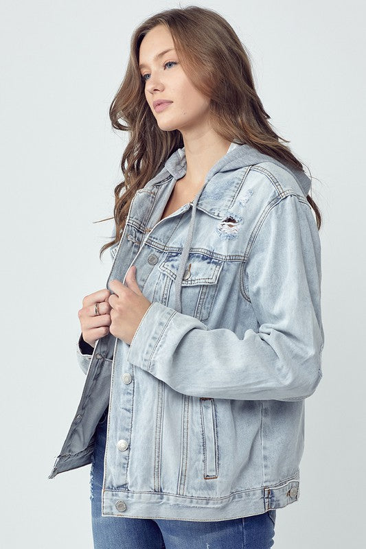 RISEN Distressed Denim Jacket with Removable Hood