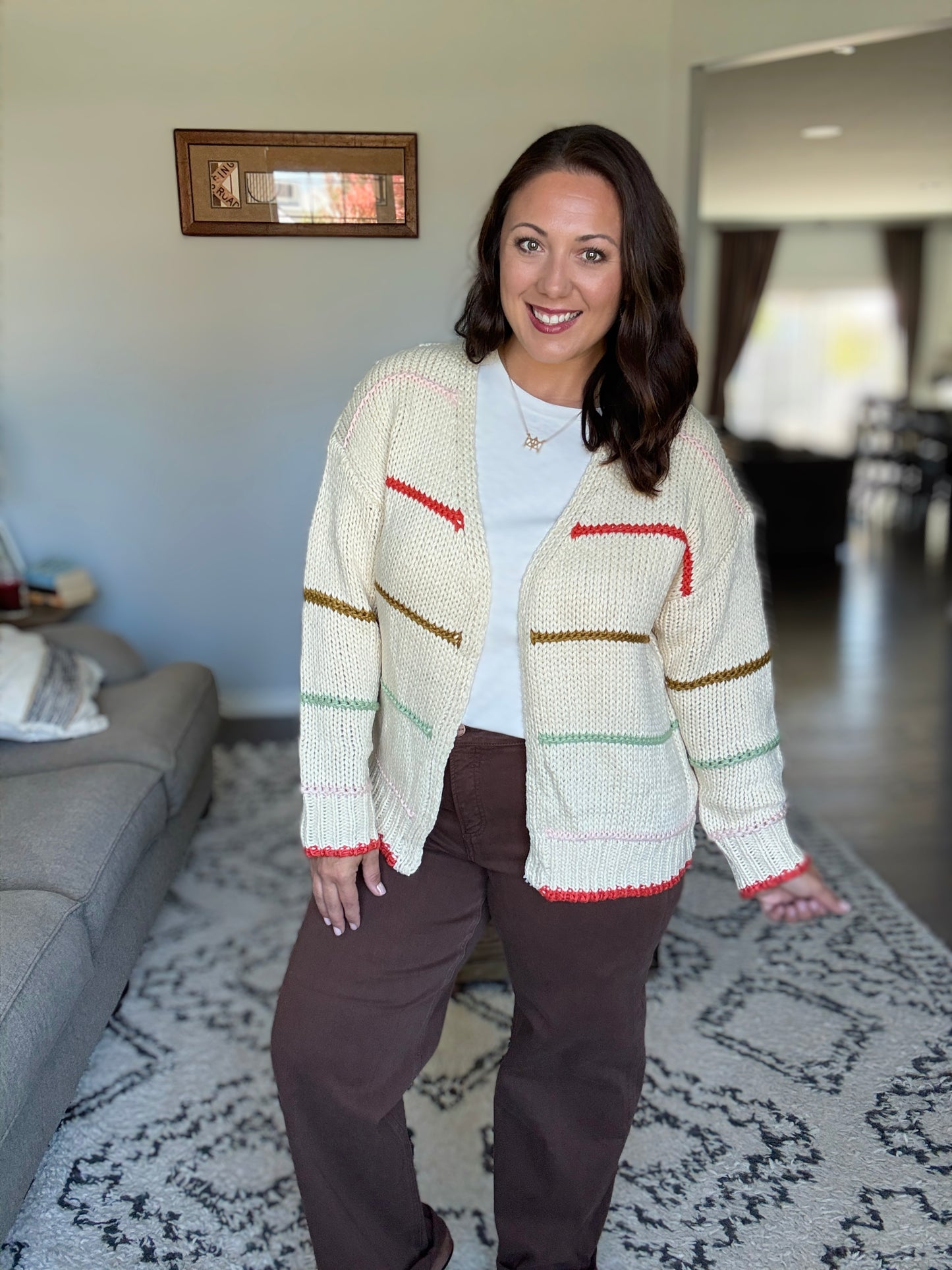 SO ME Chunky Knit Multi Stripe Open Front Cardigan