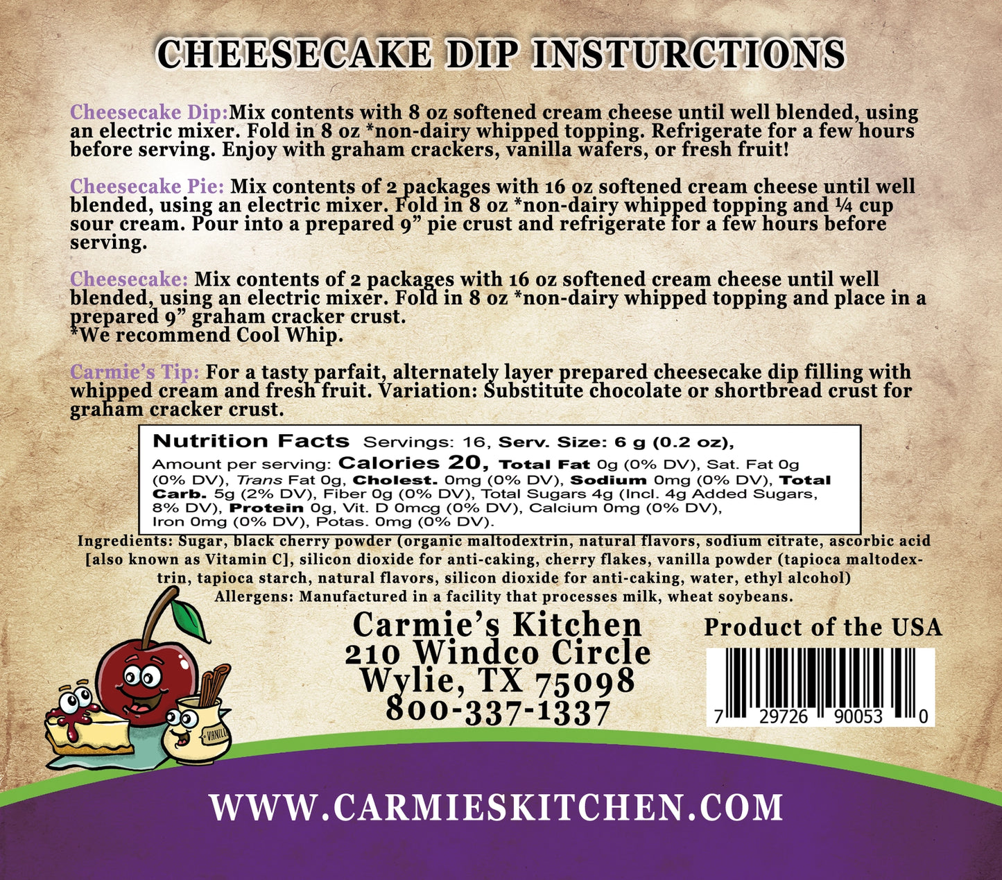 Carmie's Sweet Cheesecake Dip Mix -Black Cherry Vanilla