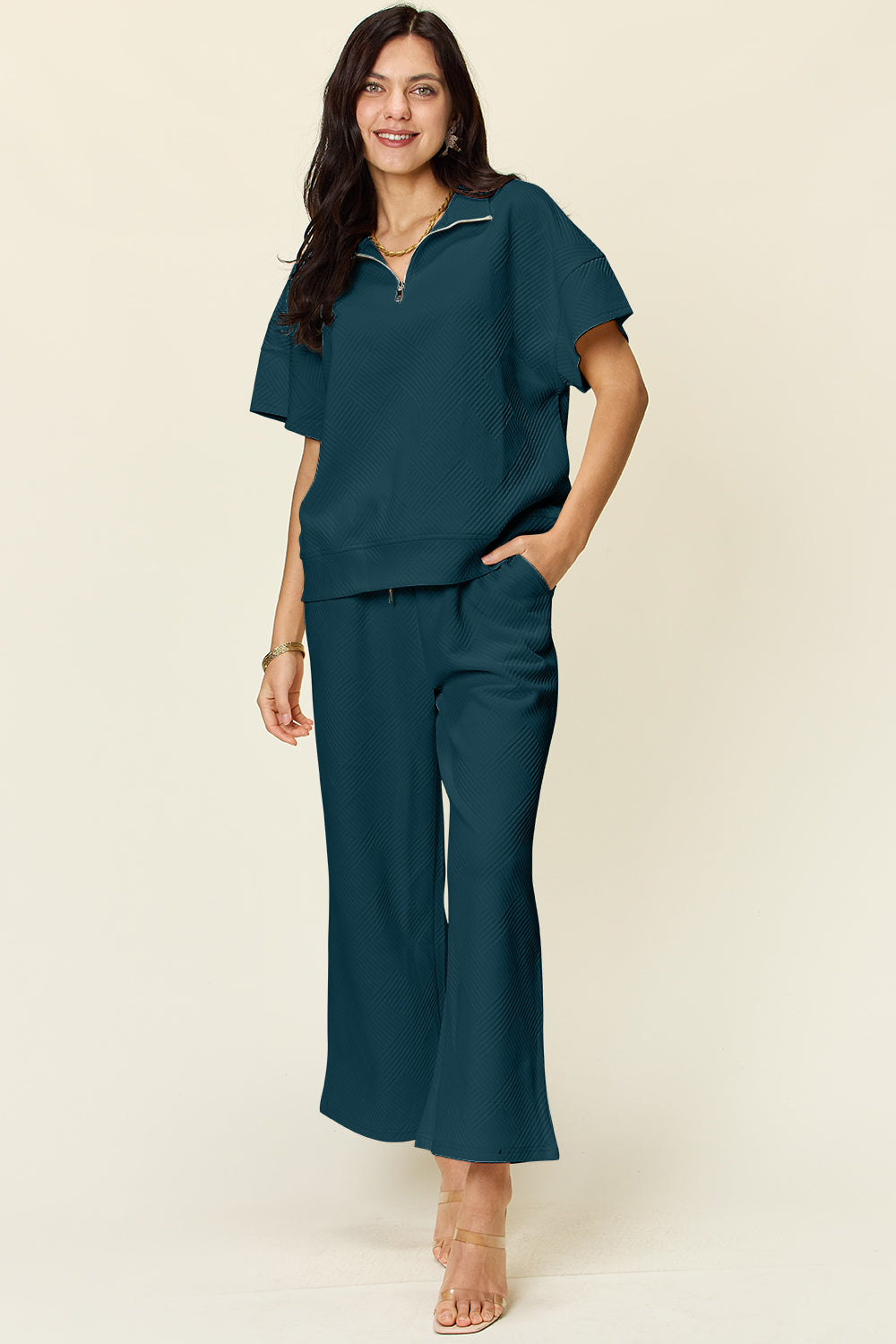 Textured Half Zip Short Sleeve Top and Wide Leg Crop Pants Set in 8 Colors