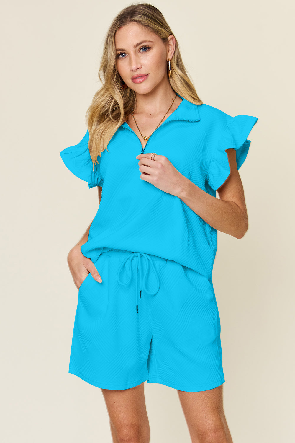 Textured Flounce Ruffle Sleeve Top and Shorts Set in 13 Colors