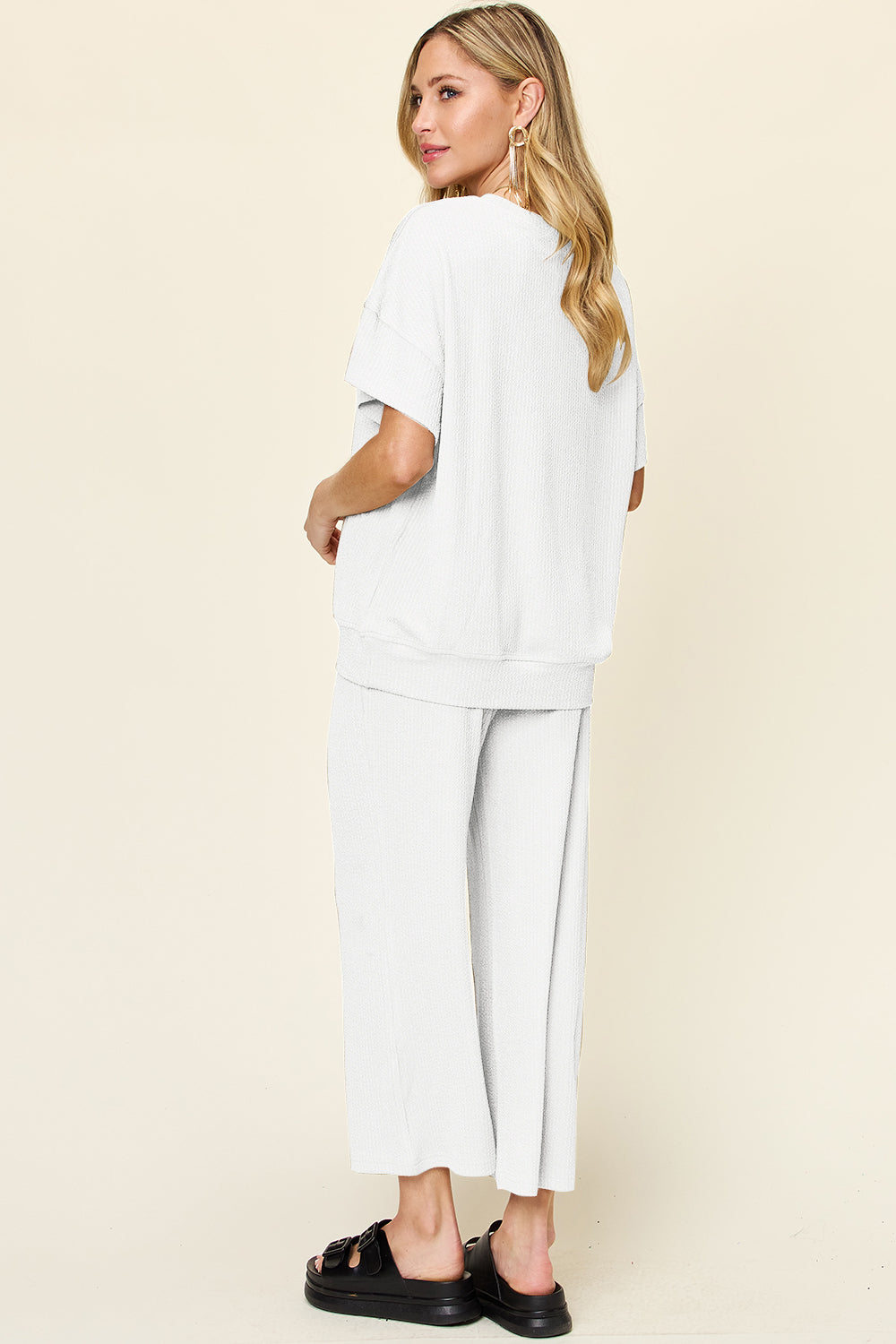 Ribbed Short Sleeve Shirt and Wide Leg Pants Set in in 6 Colors