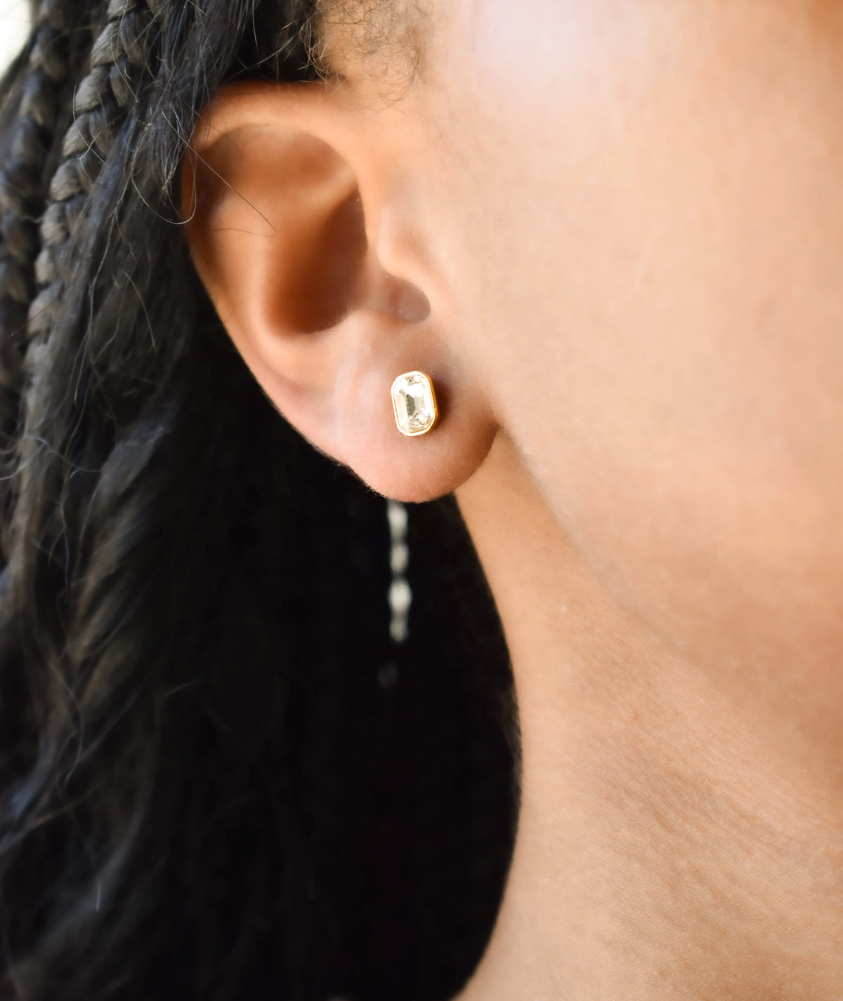 PREORDER Sis Kiss Bezel Set Solitaire Earring - Emerald Cut in Gold