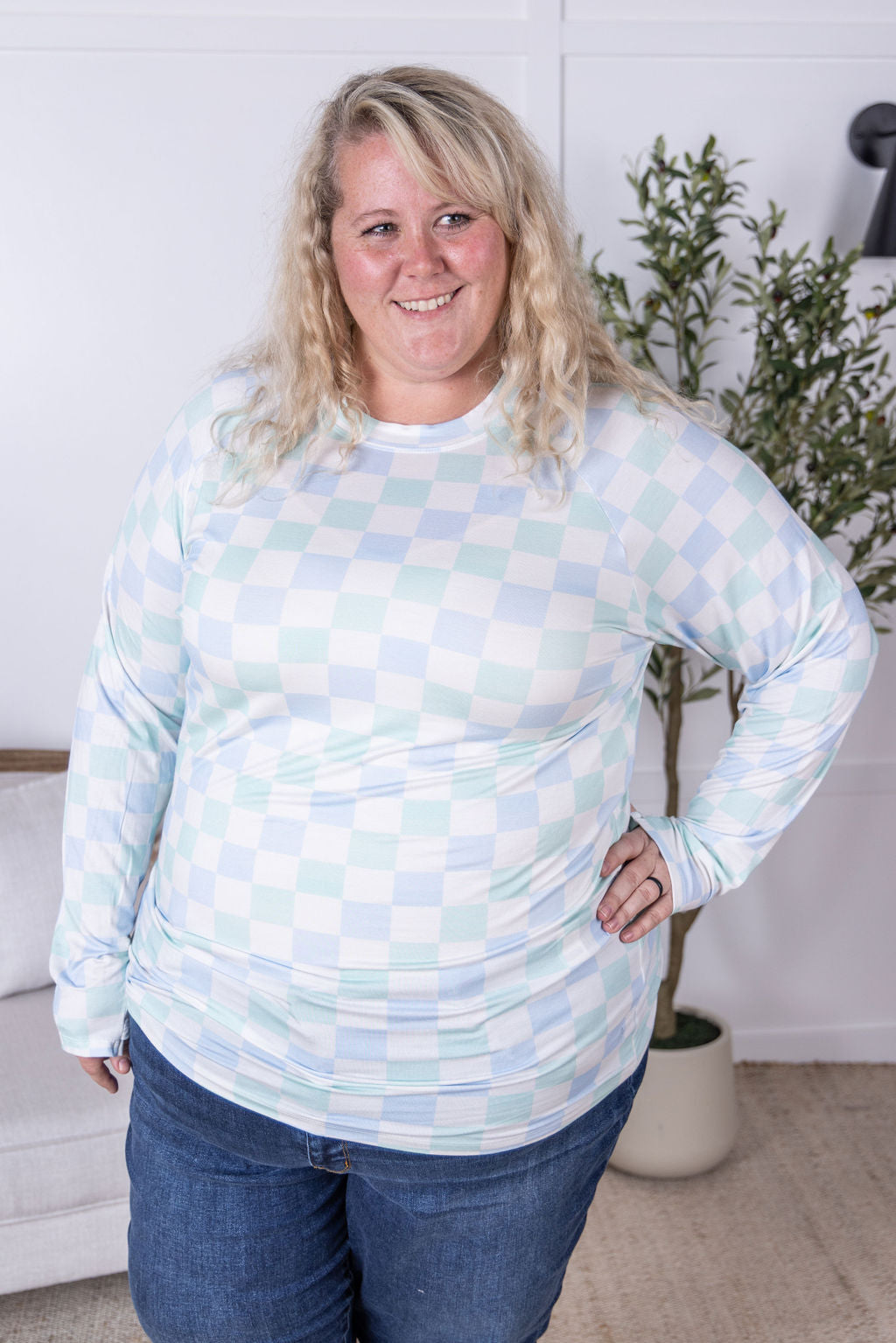 IN STOCK Blair Long Sleeve Top - Blue and Mint Checker MM EXCLUSIVE