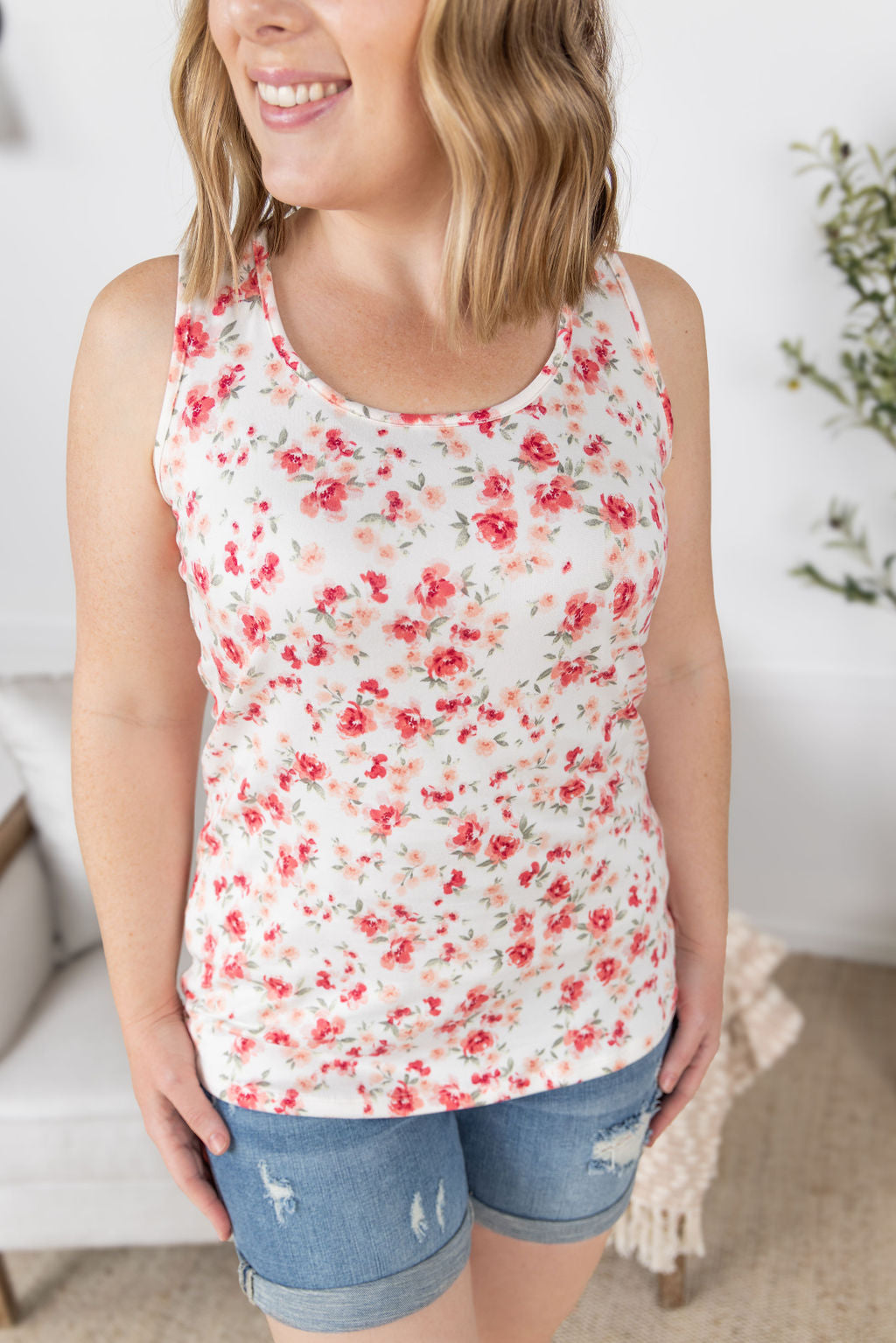 IN STOCK Luxe Crew Tank - Ivory Pink Floral