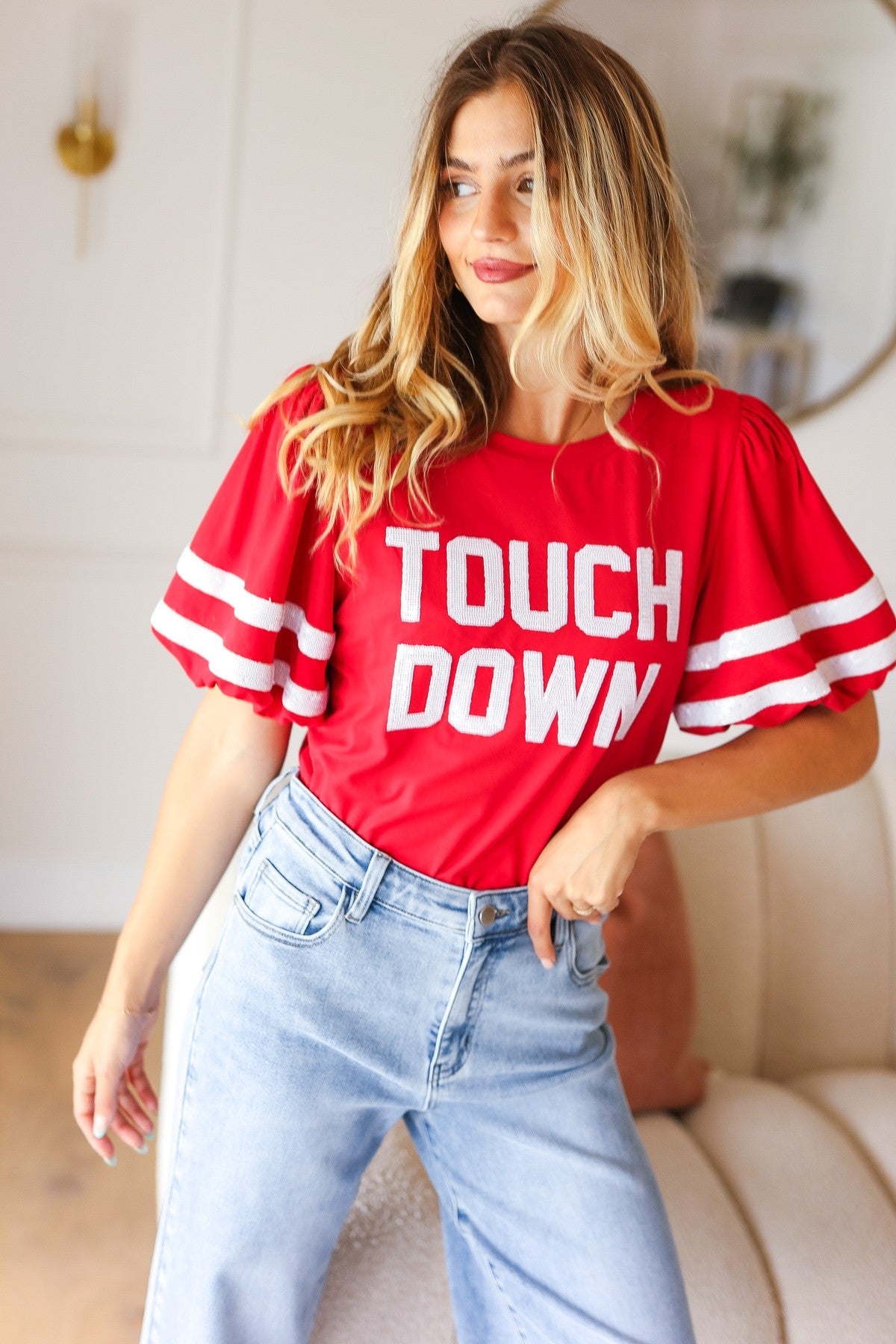 Stand Out Red "TOUCHDOWN" Sequin Bubble Sleeve Game Day Top