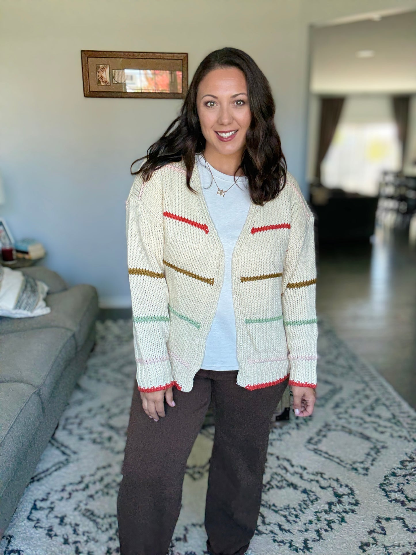 SO ME Chunky Knit Multi Stripe Open Front Cardigan