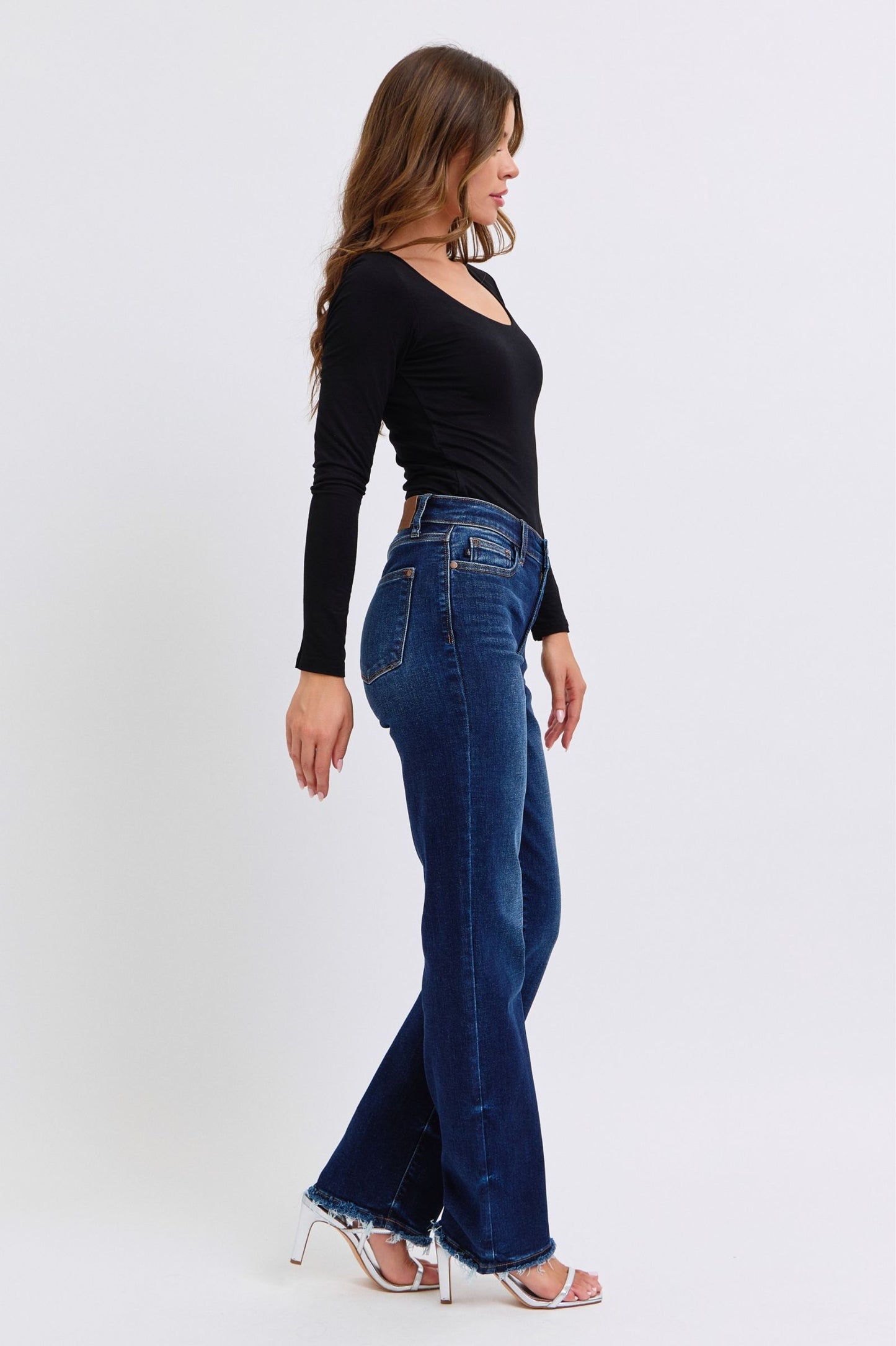 Judy Blue Midnight Horizon Mid Rise Straight Leg Fray Hem Denim Jeans