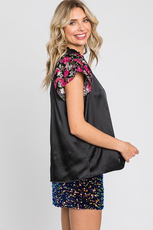 Talk of the Town Satin Floral Sleeve Blouse