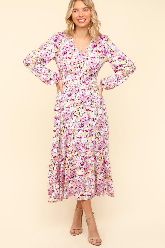 Haptics Lilac Floral V-Neck Long Sleeve Dress with Pockets