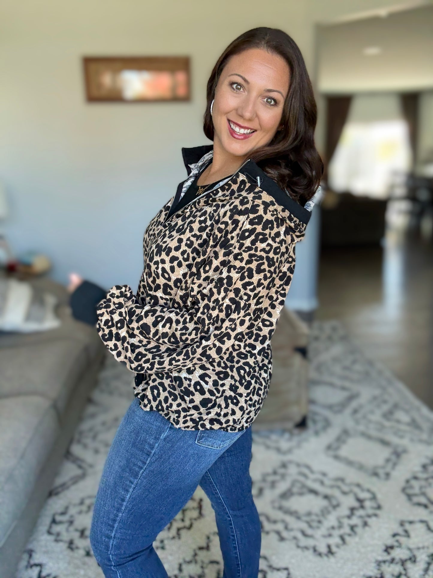 BiBi Leopard Print Textured Half Zip Up Hoodie