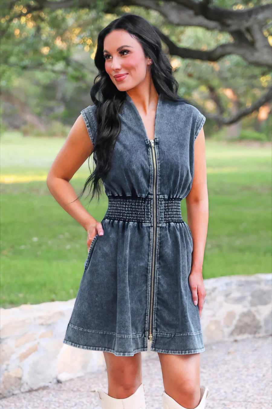 PREORDER: Jess Lea Refined Denim Zipper Dress- Light Wash