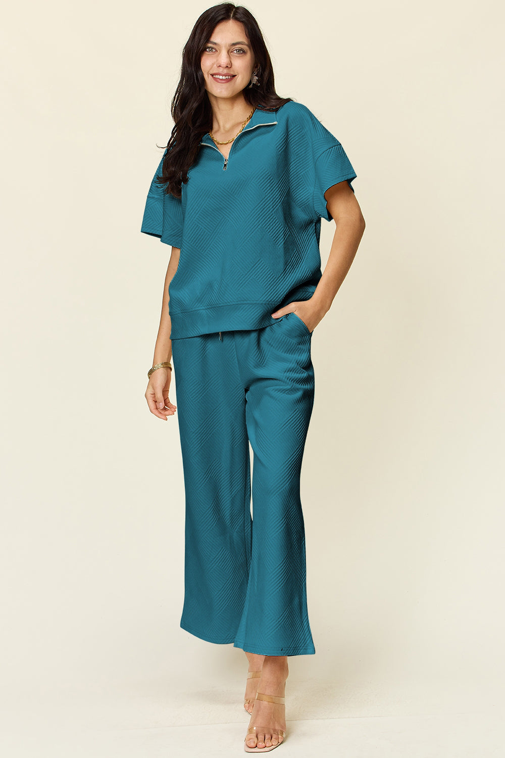 Textured Quarter Zip Short Sleeve Top and Cropped Pants Set in 6 Colors