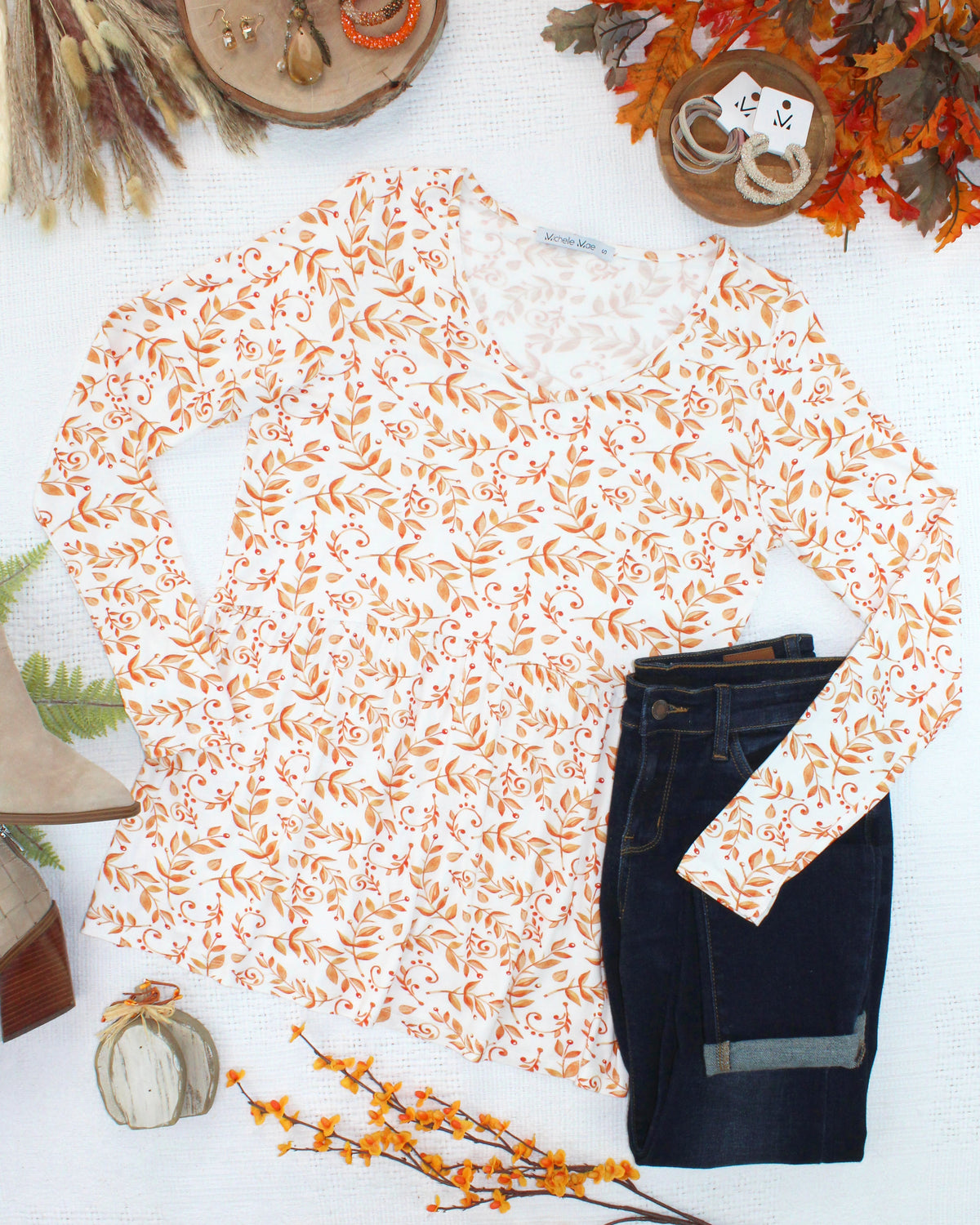 Michelle Mae Long Sleeve Sarah Ruffle Top - Autumn Vines