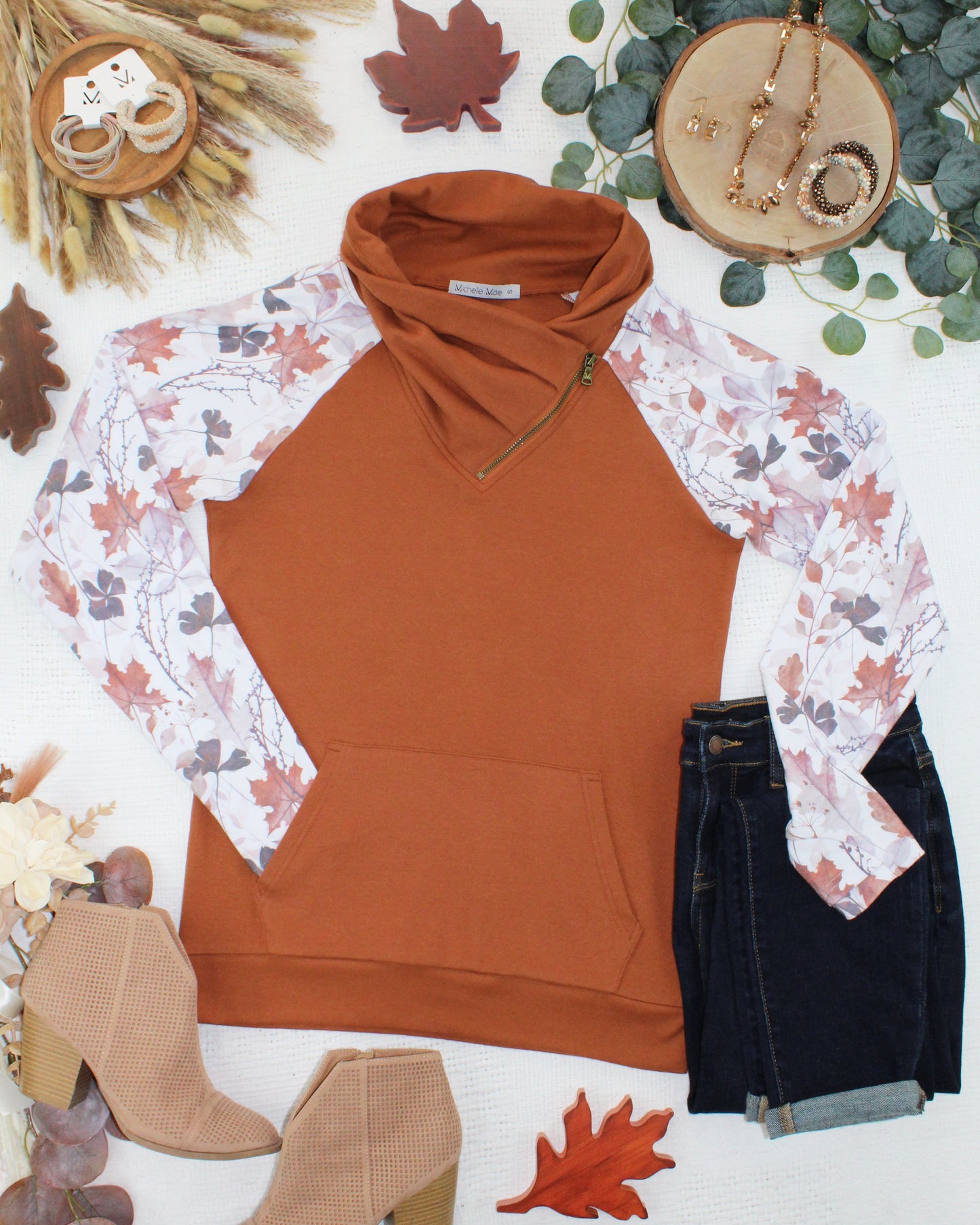 Michelle Mae Classic Zoey ZipCowl Sweatshirt - Maple and Fall Foliage