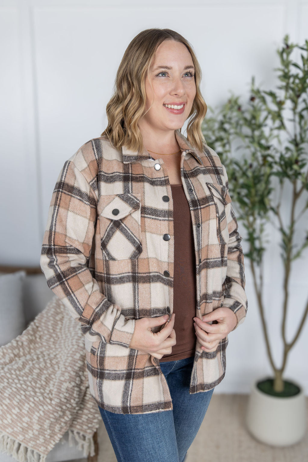 Michelle Mae Norah Plaid Shacket - Beige Mix Plaid