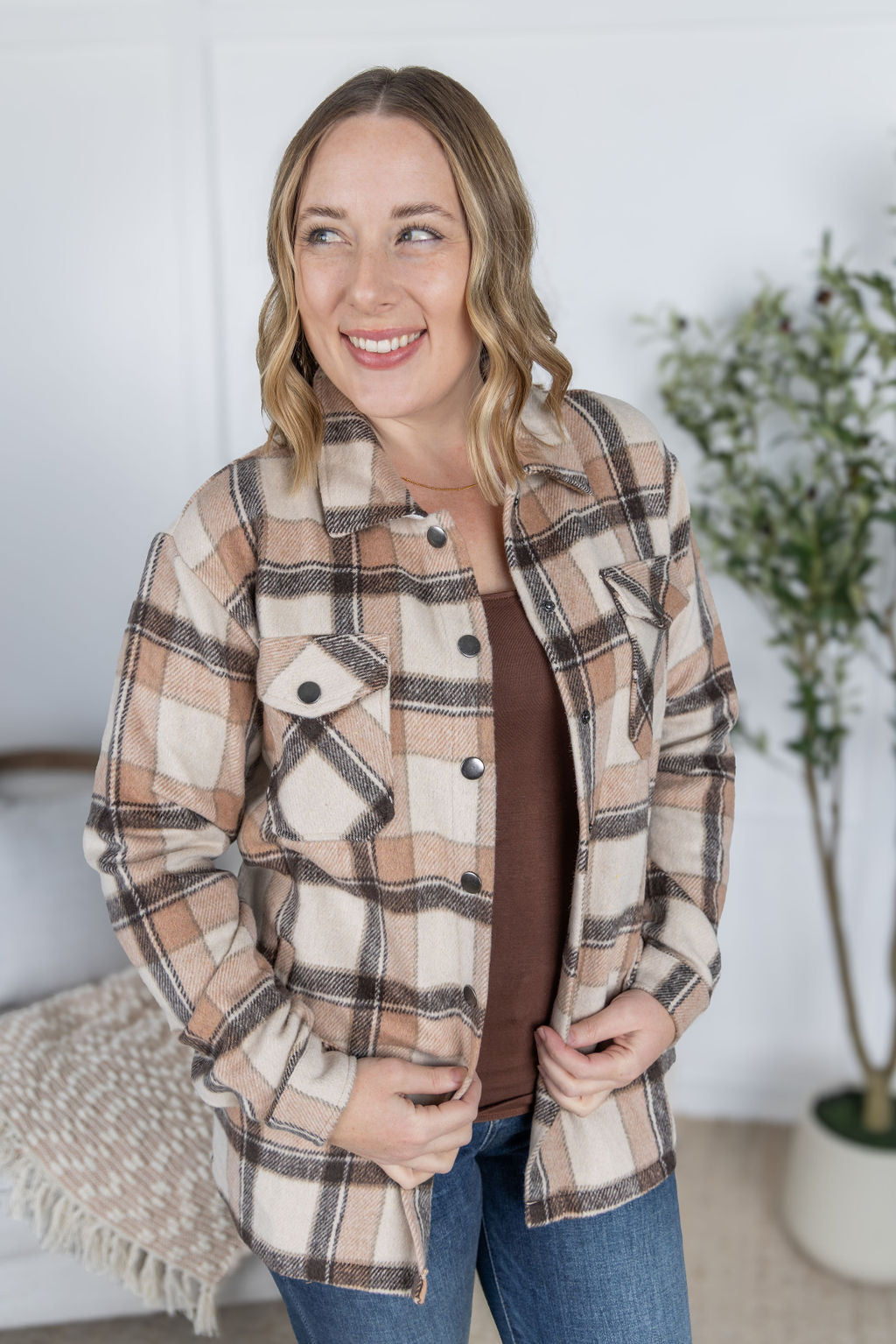 Michelle Mae Norah Plaid Shacket - Beige Mix Plaid