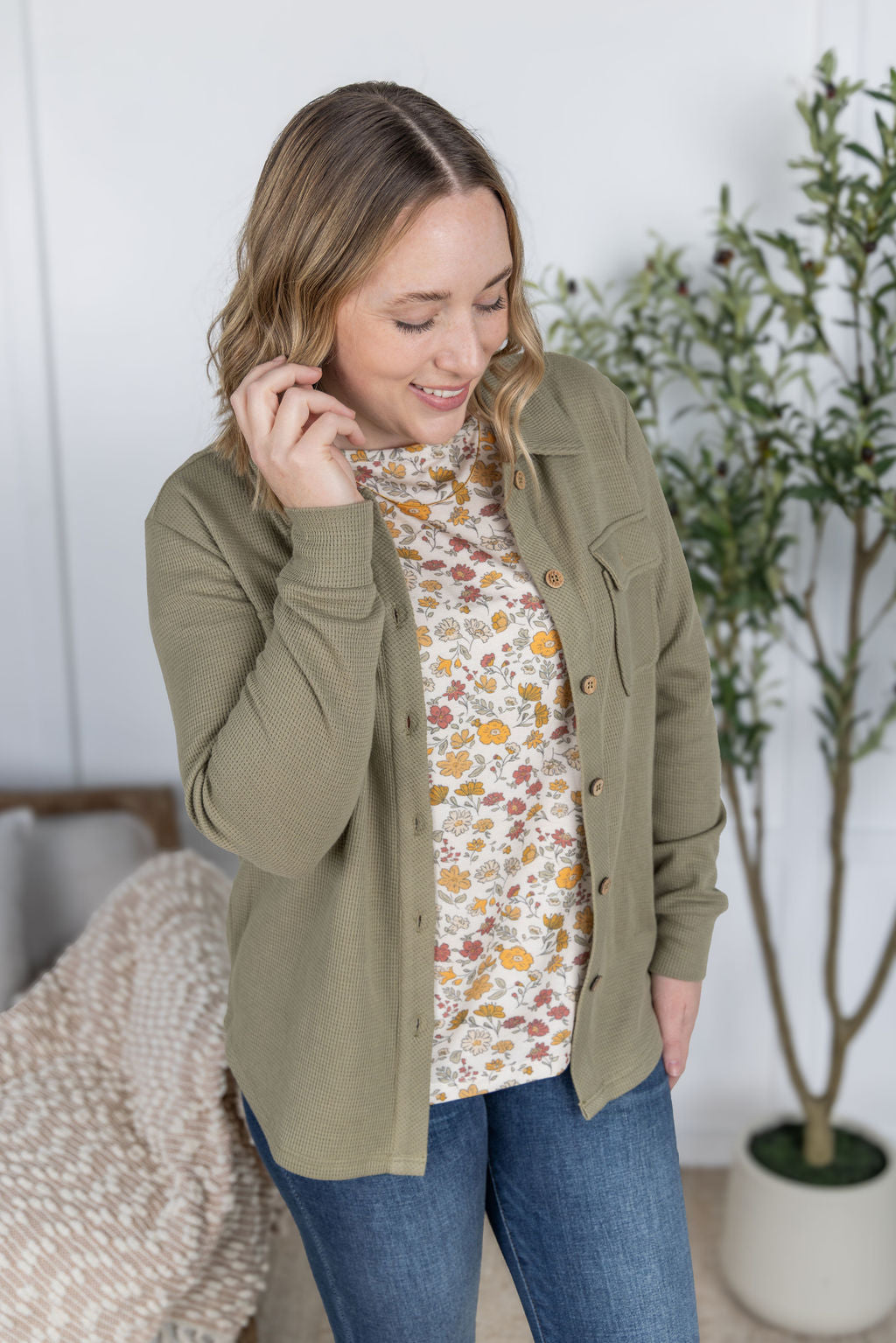 Michelle Mae Thermal Knit Button Top - Light Olive