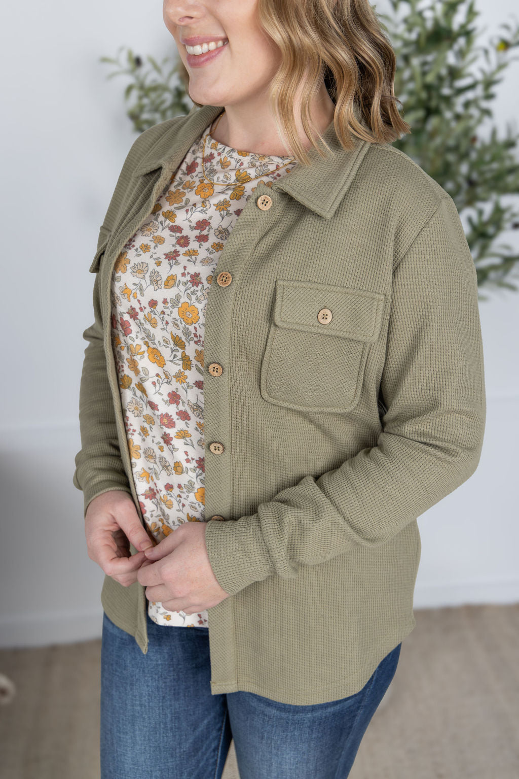 Michelle Mae Thermal Knit Button Top - Light Olive