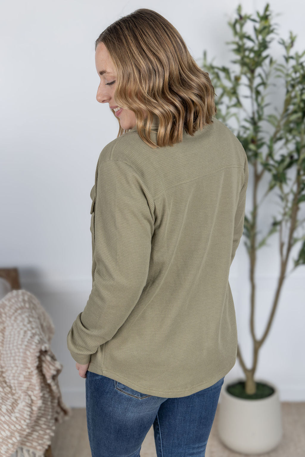 Michelle Mae Thermal Knit Button Top - Light Olive