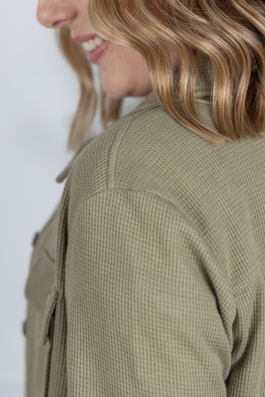 Michelle Mae Thermal Knit Button Top - Light Olive