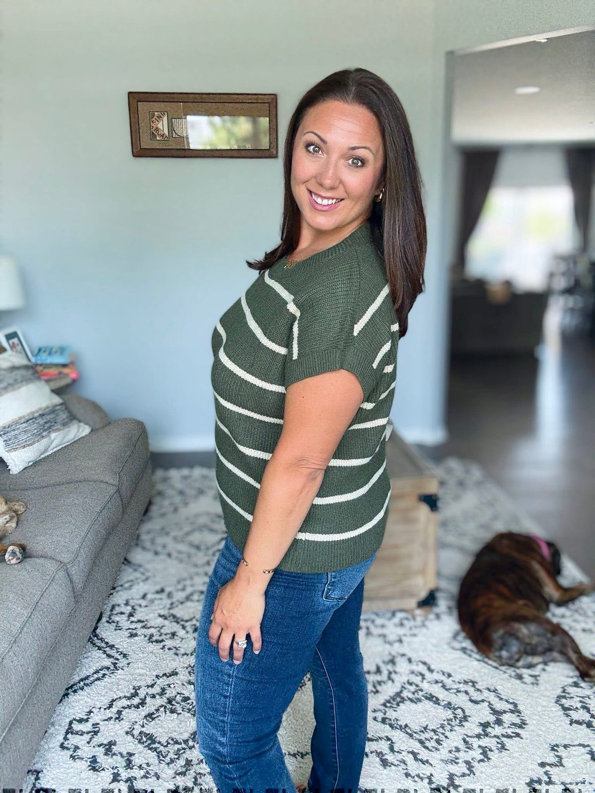 Michelle Mae Striped Sweater Top - Olive and Tan