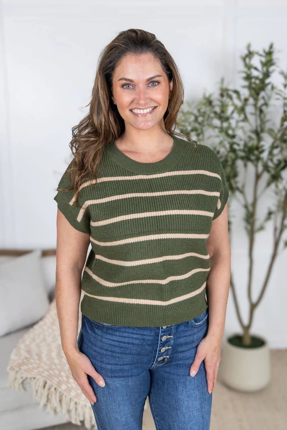 Michelle Mae Striped Sweater Top - Olive and Tan