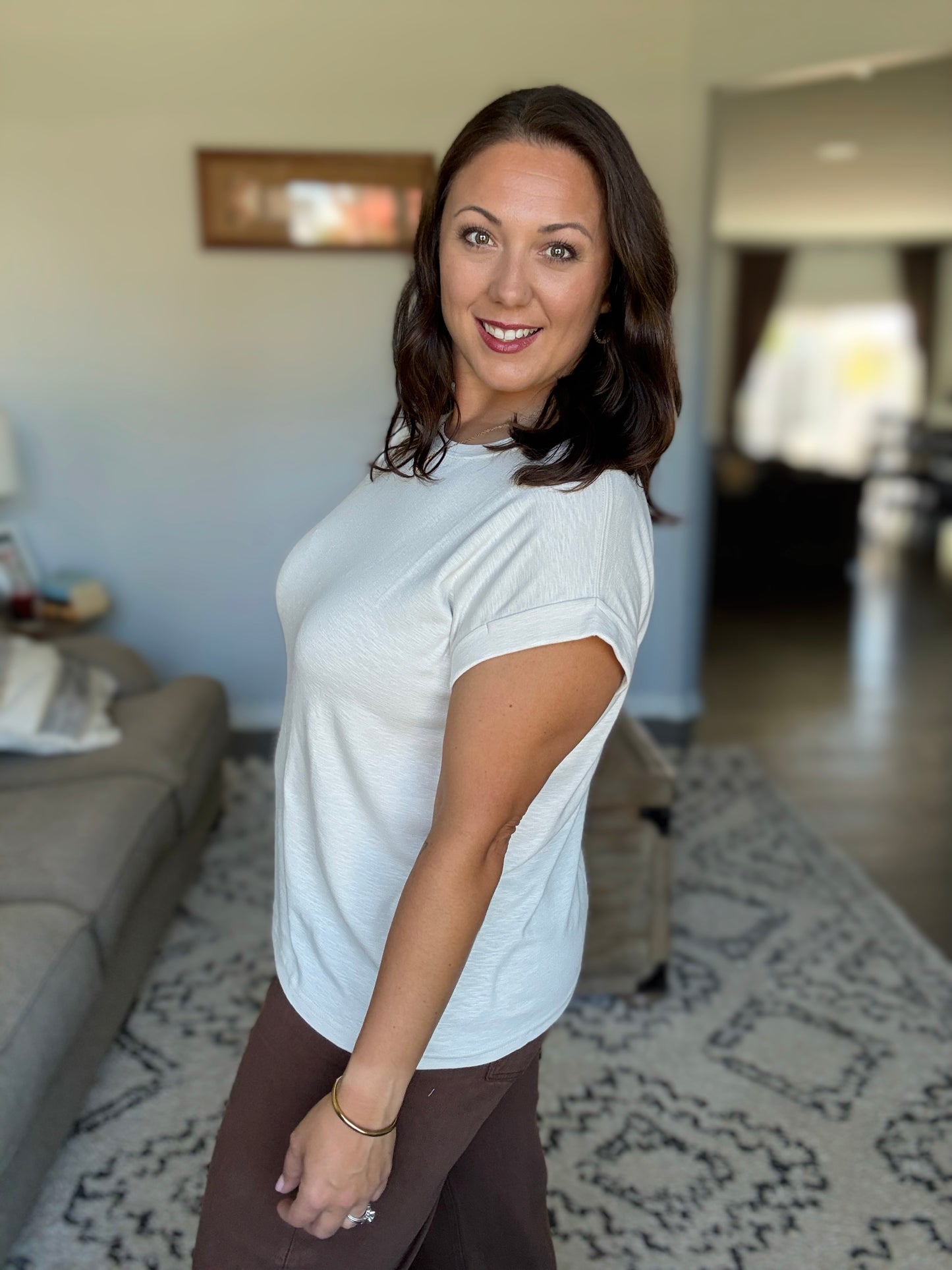 Zenana Full Size Cotton Modal Slub Rolled Sleeve Tee in Sand Beige