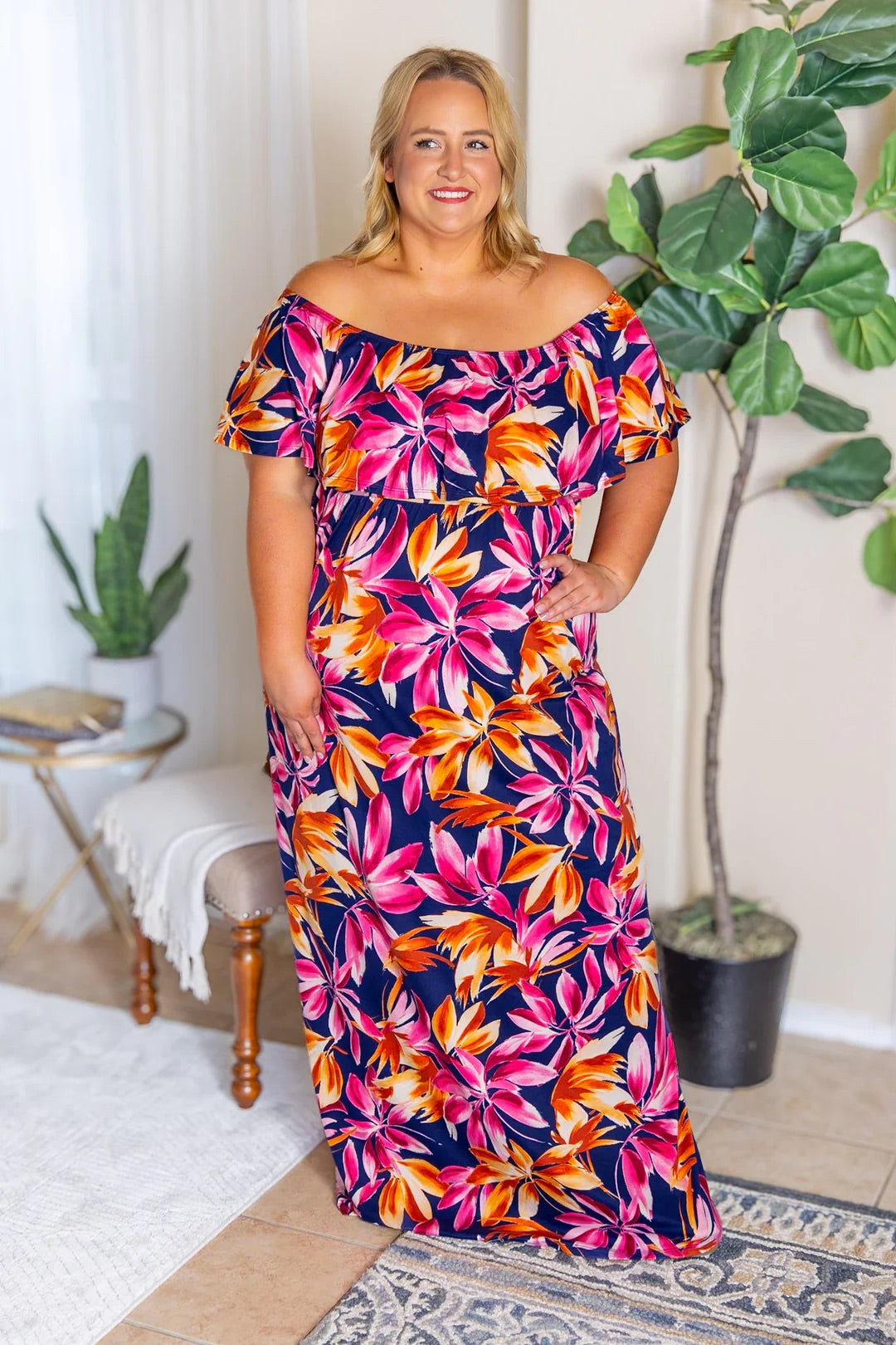 Oakley Off The Shoulder Maxi Dress - Navy Tropical