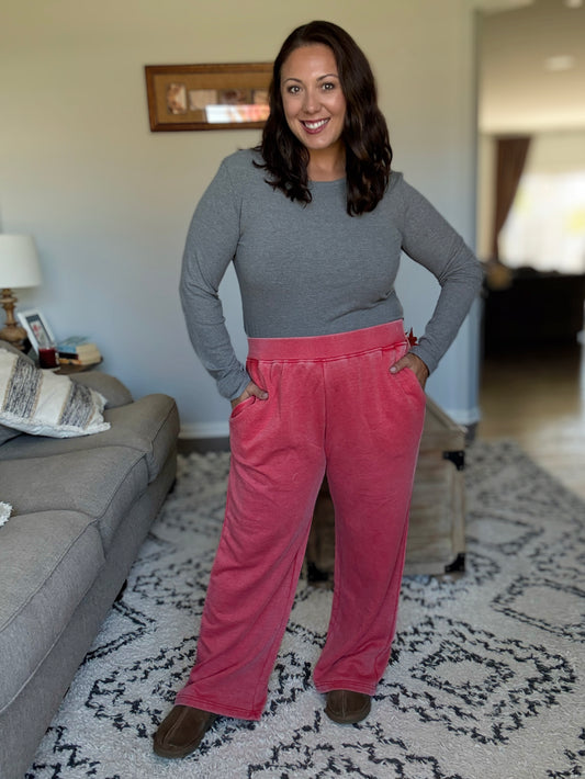 Michelle Mae Wide Leg Vintage Wash Bottoms - Red