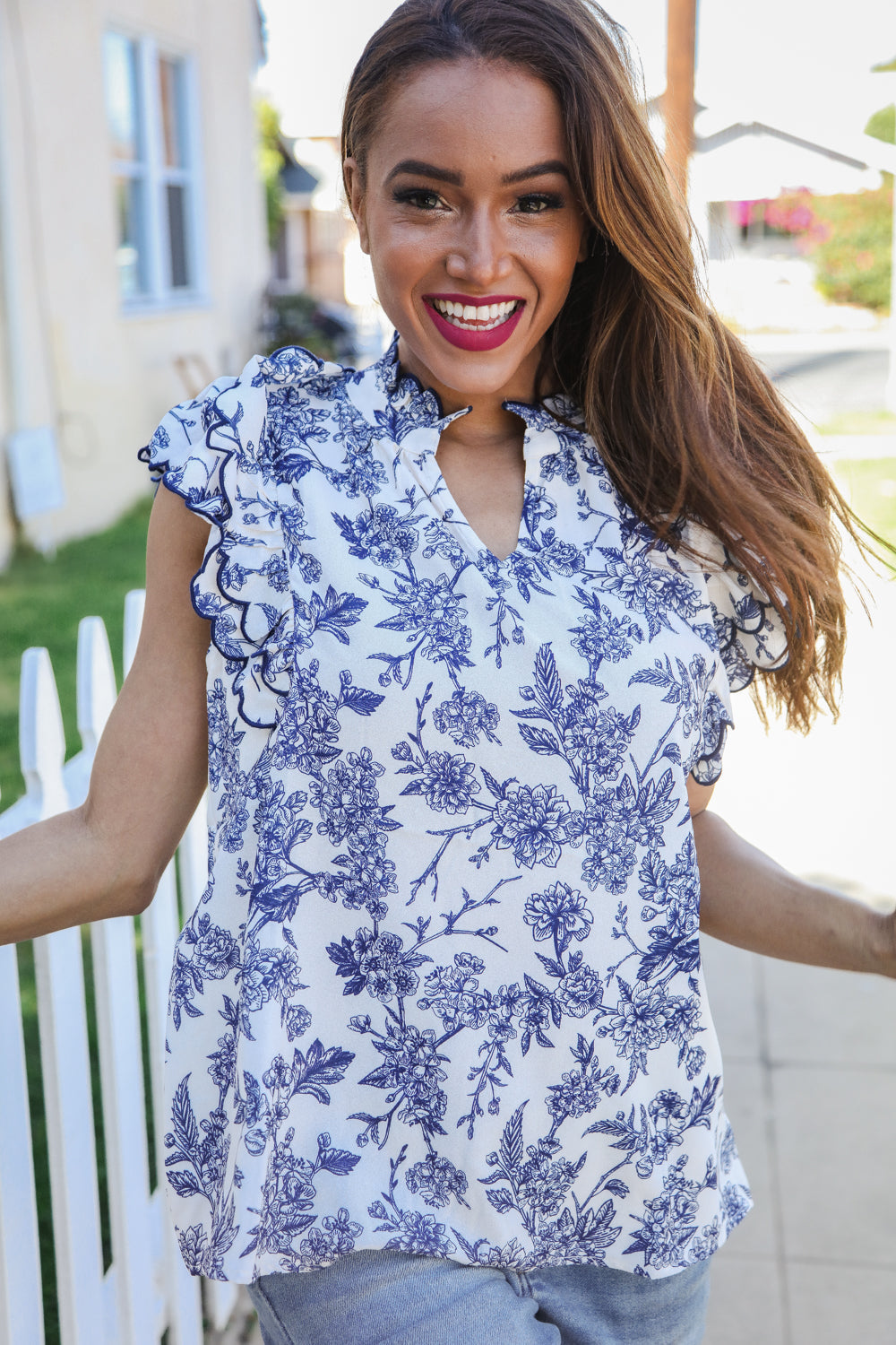 Vintage Vibes Navy and Ivory Embroidered Ruffle Sleeve Notch Neck Top