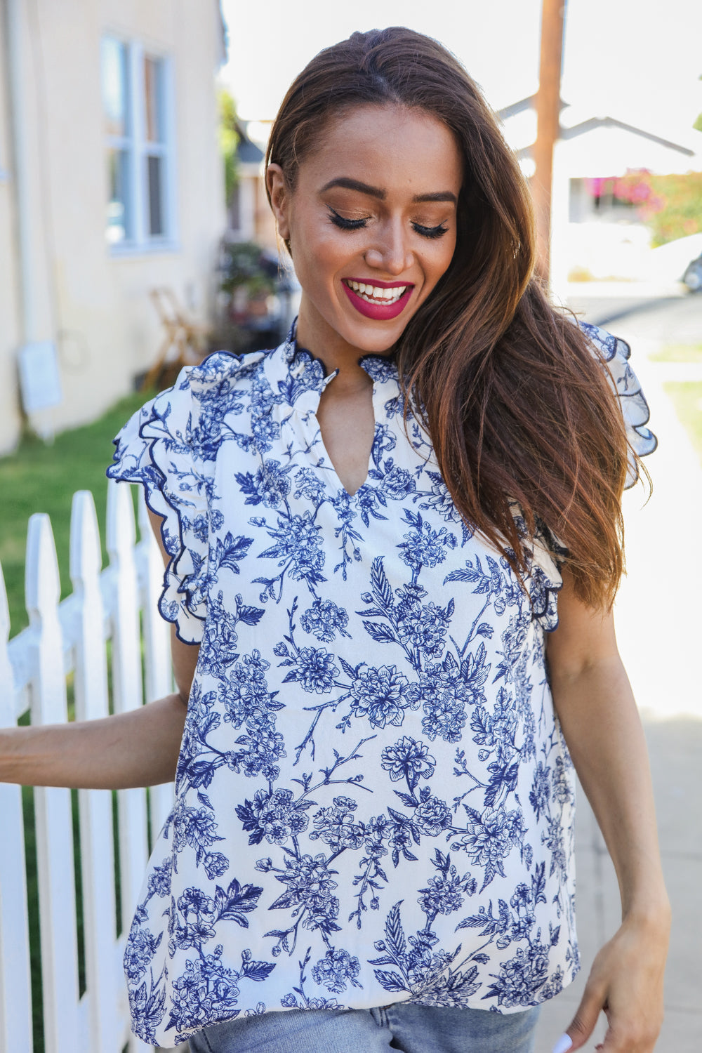 Vintage Vibes Navy and Ivory Embroidered Ruffle Sleeve Notch Neck Top