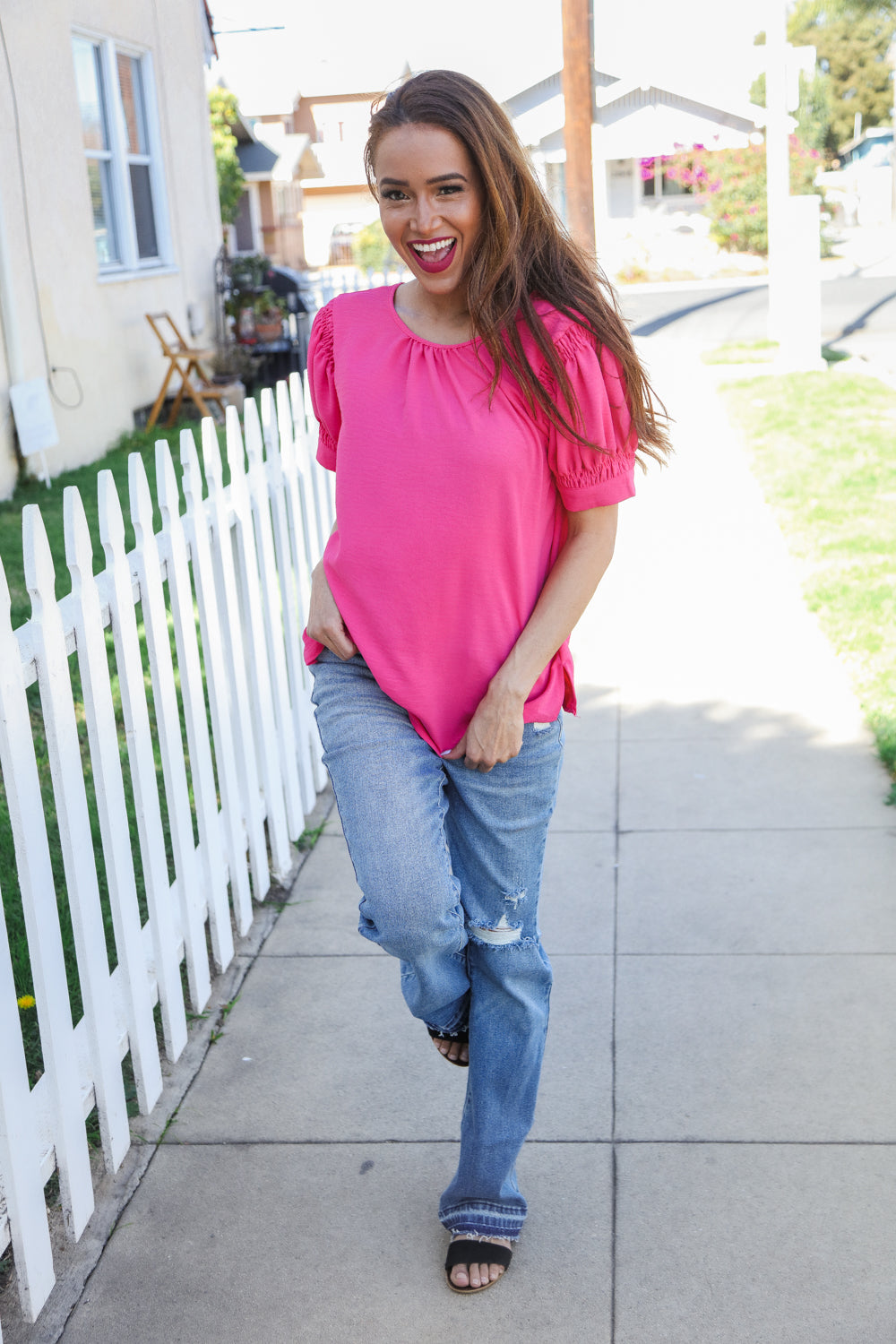 Perfectly You Solid Fuchsia Shirred Cap Short Sleeve Blouse