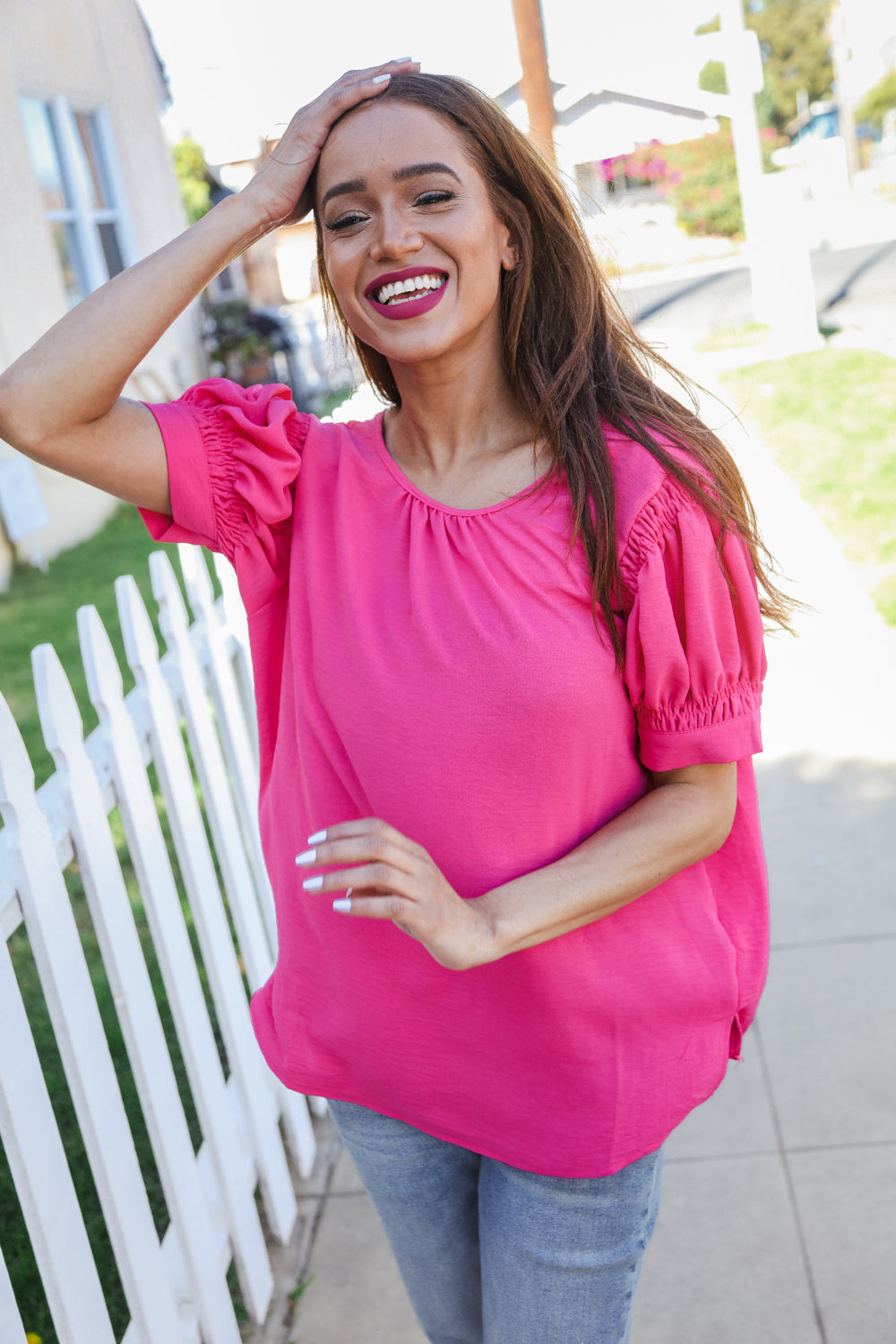 Perfectly You Solid Fuchsia Shirred Cap Short Sleeve Blouse