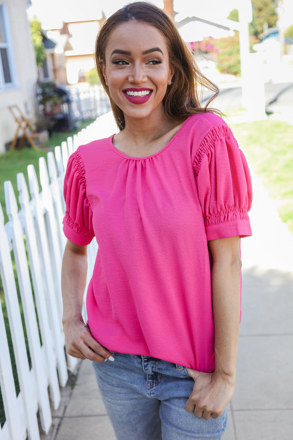 Perfectly You Solid Fuchsia Shirred Cap Short Sleeve Blouse