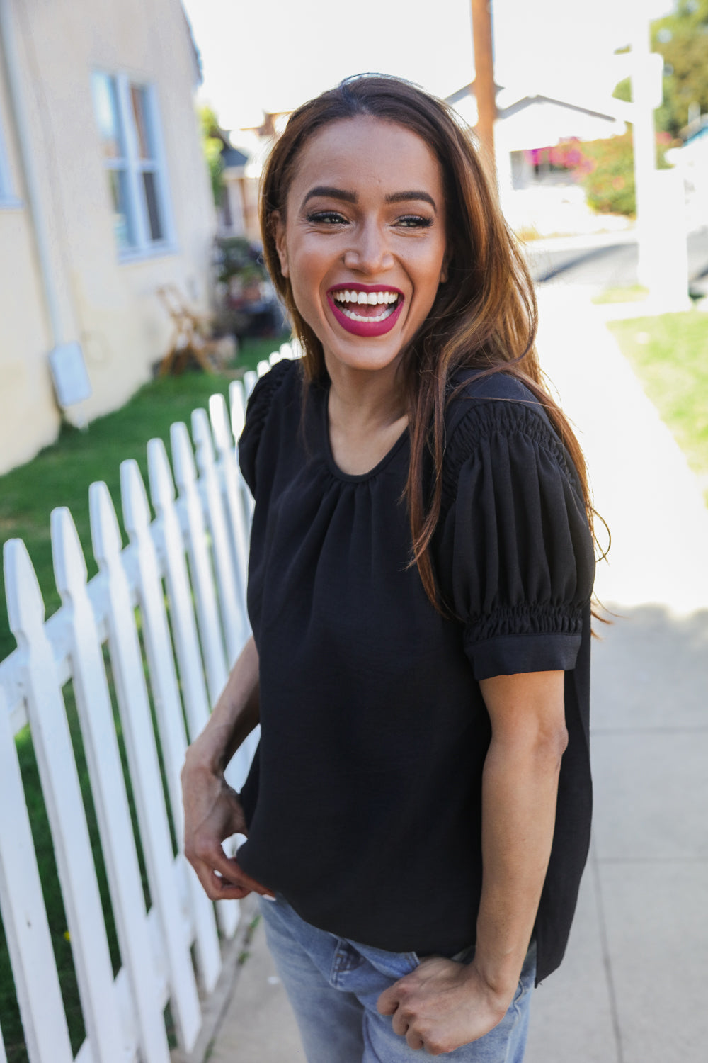 Perfectly You Solid Black Shirred Cap Short Sleeve Blouse