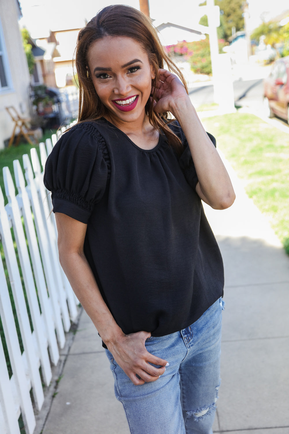 Perfectly You Solid Black Shirred Cap Short Sleeve Blouse