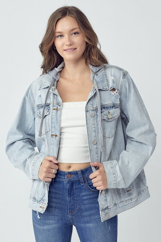 RISEN Distressed Denim Jacket with Removable Hood