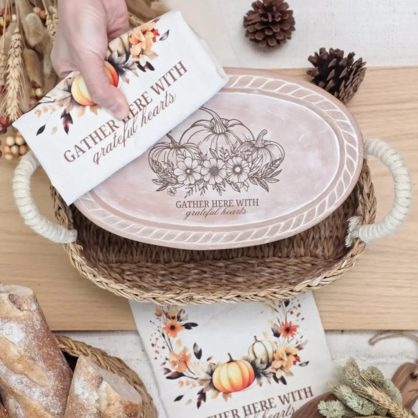 Handmade Bread Warmer & Wicker Basket - "Gather" Oval