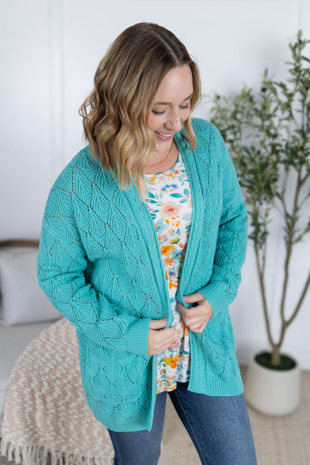 IN STOCK Open Knit Cardigan - Dusty Aqua