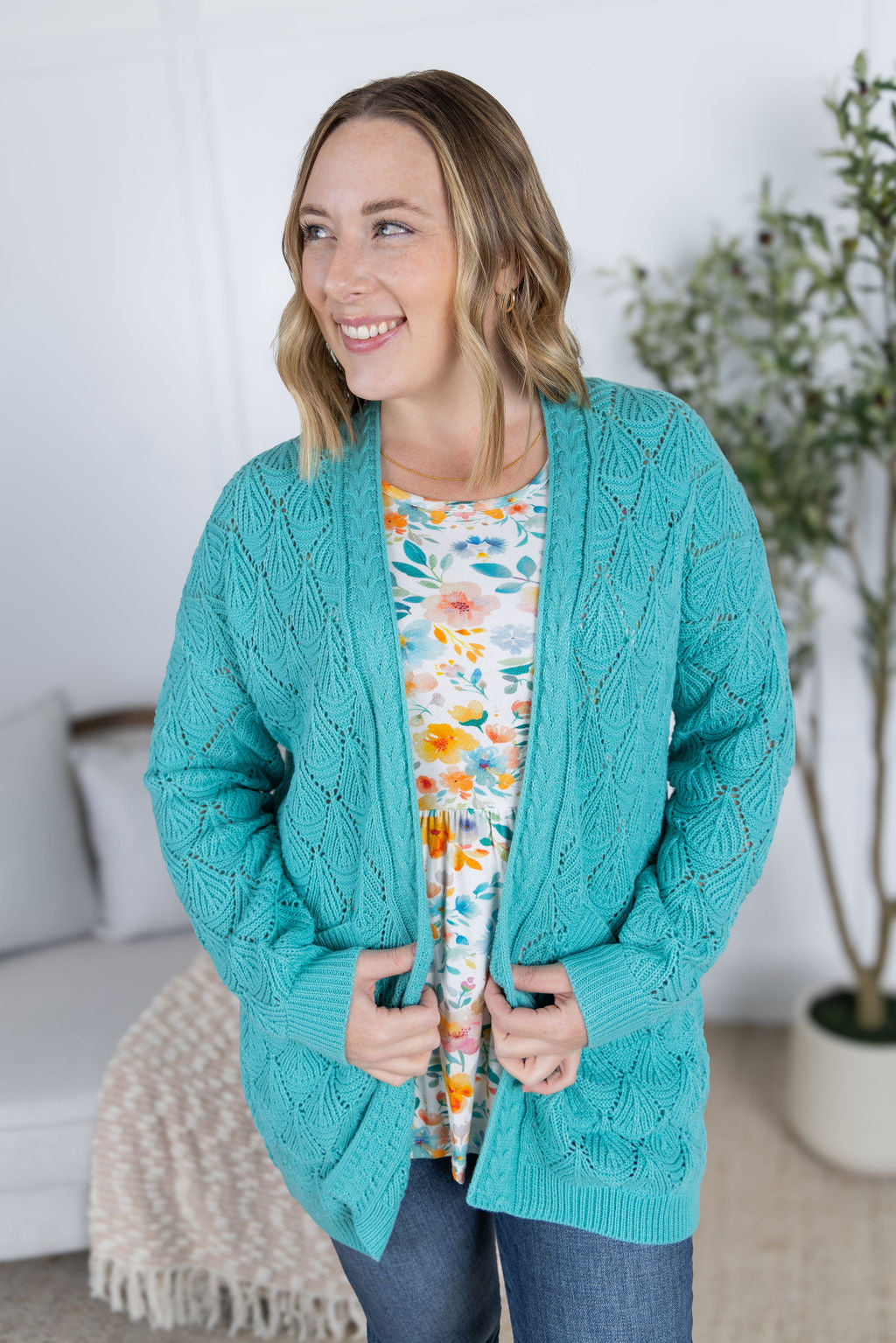 IN STOCK Open Knit Cardigan - Dusty Aqua