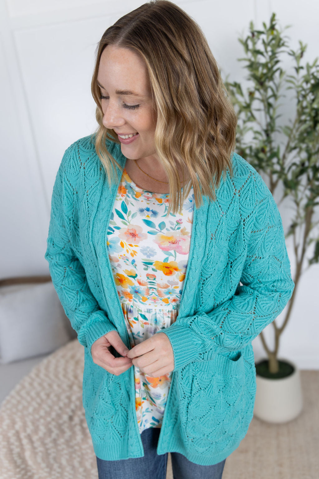 IN STOCK Open Knit Cardigan - Dusty Aqua
