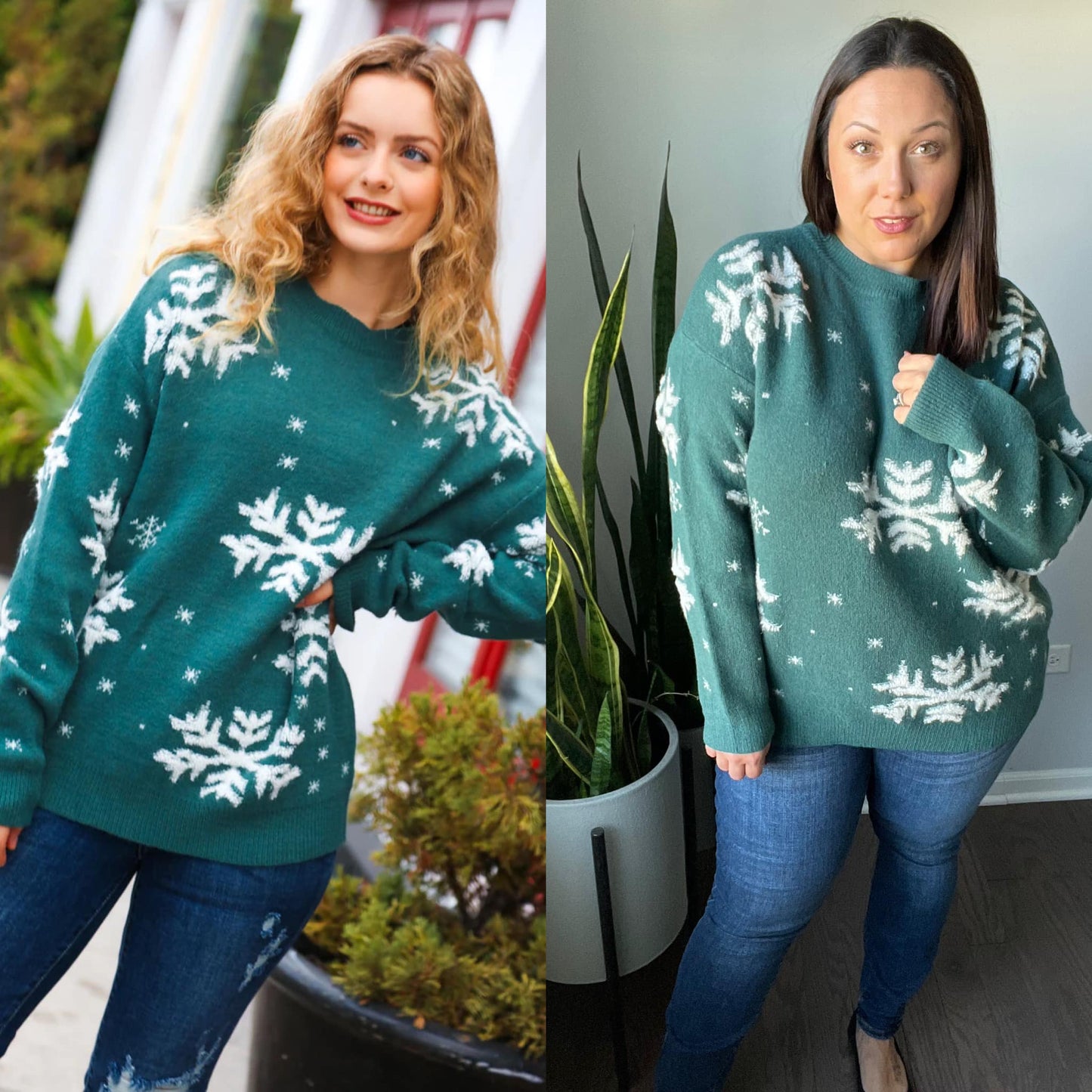 Season Greetings Hunter Green Puffy Snowflake Jacquard Sweater