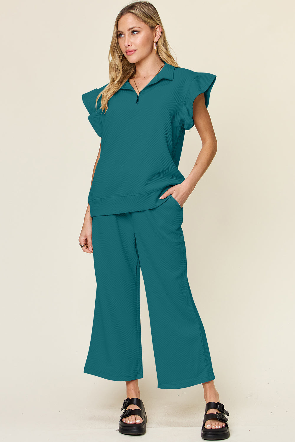 Textured Ruffle Short Sleeve Top and Cropped  Wide Leg Pants Set in 12 Colors