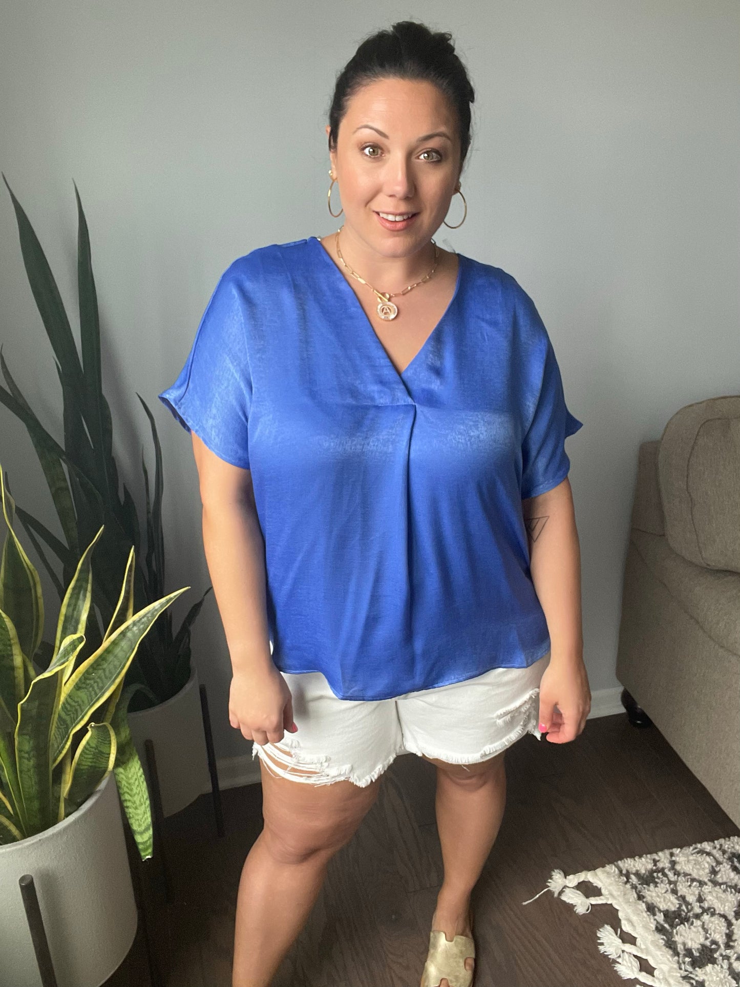 Pleat Front V-Neck Top in Royal Blue