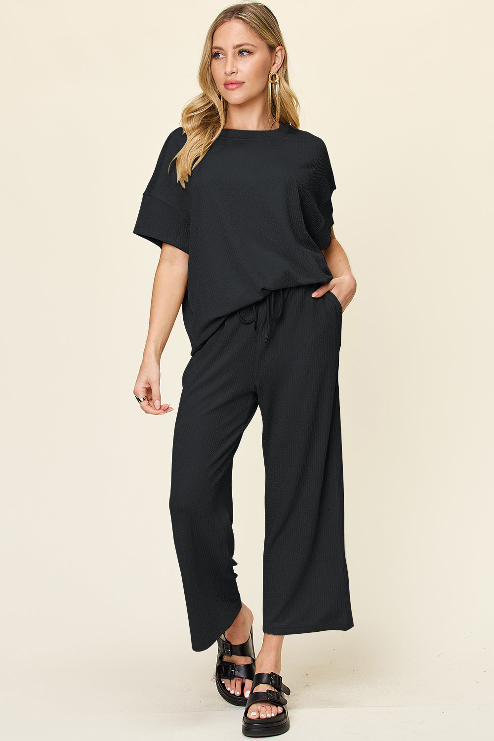 Ribbed Short Sleeve Shirt and Wide Leg Pants Set in in 6 Colors