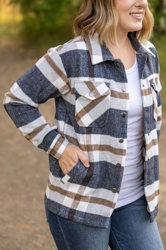 IN STOCK Norah Plaid Shacket - Navy and Tan (ships mid-August)