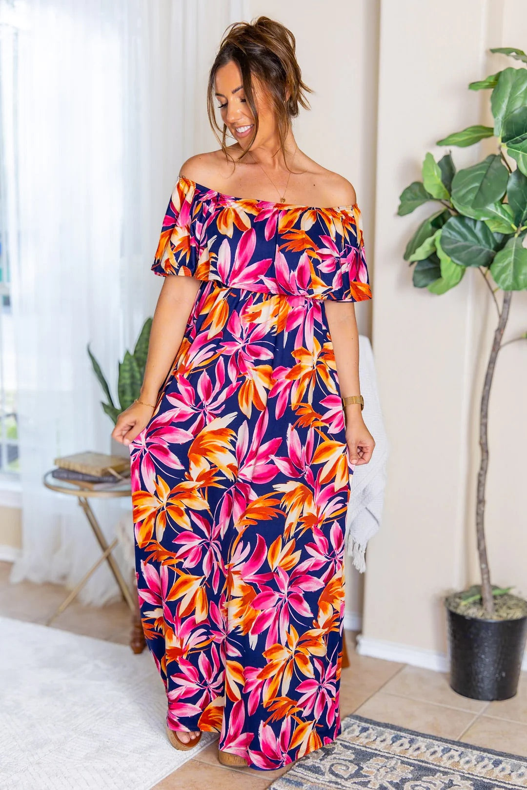 Oakley Off The Shoulder Maxi Dress - Navy Tropical