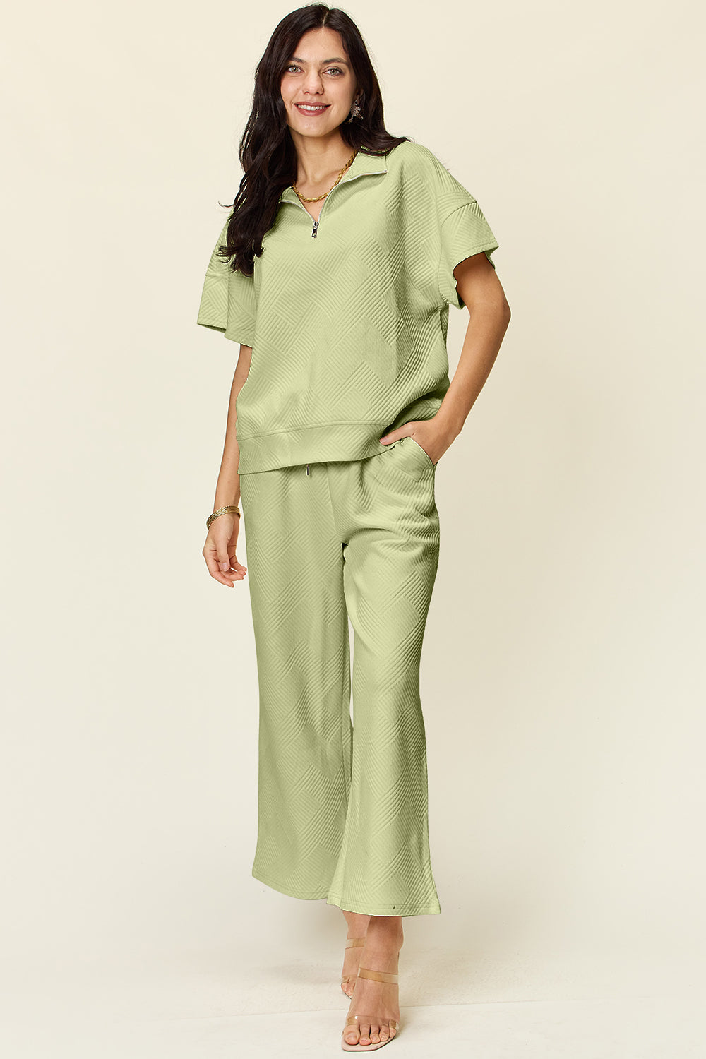 Textured Quarter Zip Short Sleeve Top and Cropped Pants Set in 6 Colors